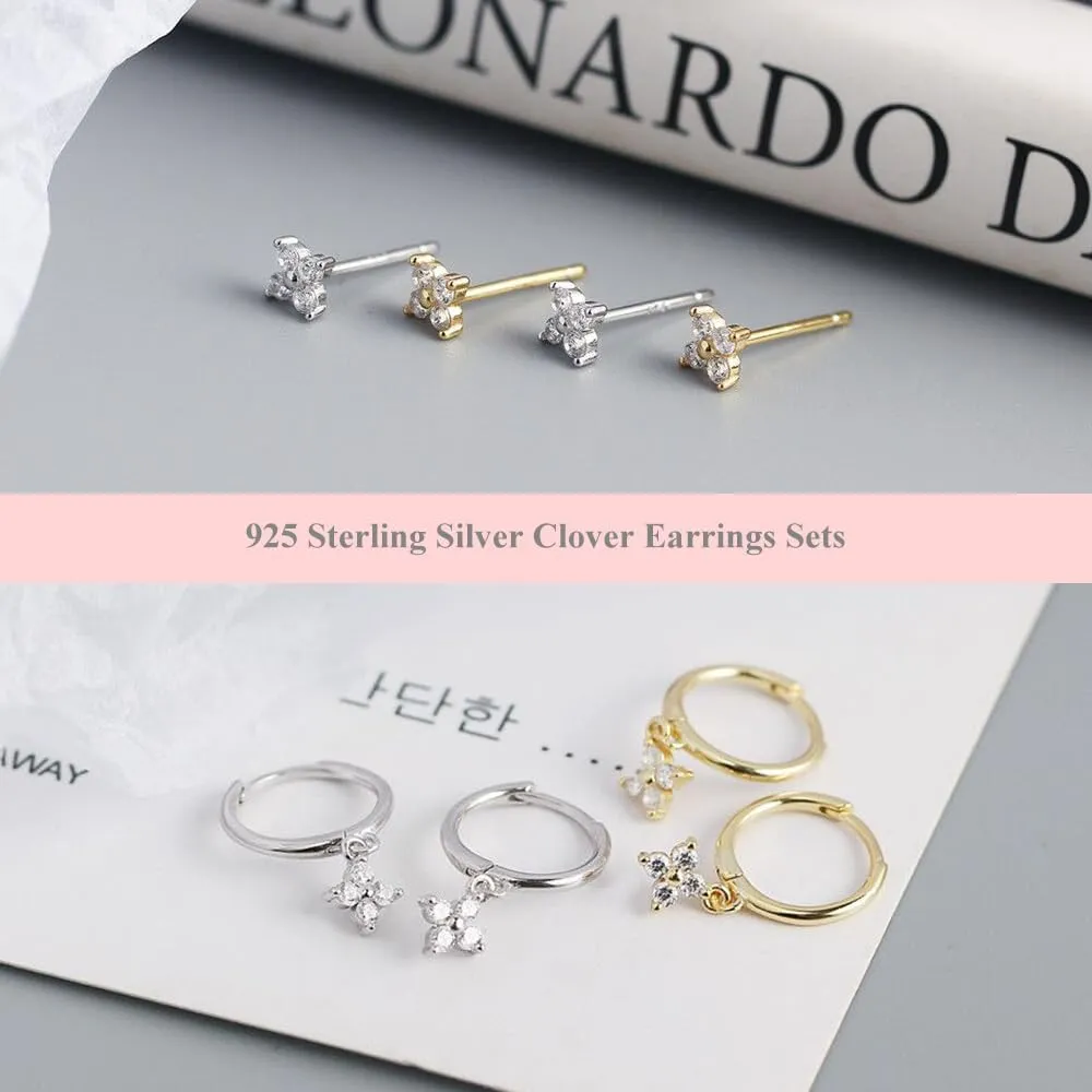 Dainty Flower Shaped CZ Dangle Hoop and Stud Earrings Sets for Women, Drop Huggie Earrings with Cubic Zirconia Charm in Sterling Silver Gifts for Her