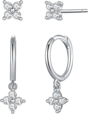 Dainty Flower Shaped CZ Dangle Hoop and Stud Earrings Sets for Women, Drop Huggie Earrings with Cubic Zirconia Charm in Sterling Silver Gifts for Her
