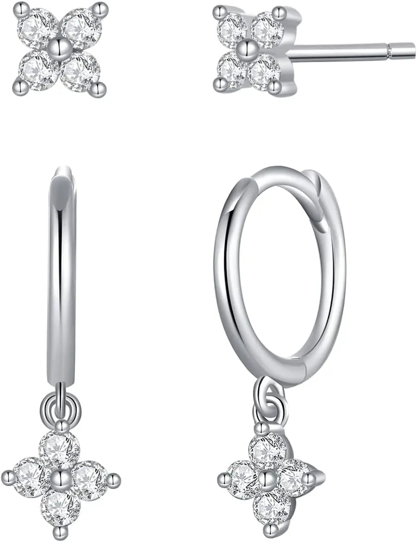 Dainty Flower Shaped CZ Dangle Hoop and Stud Earrings Sets for Women, Drop Huggie Earrings with Cubic Zirconia Charm in Sterling Silver Gifts for Her