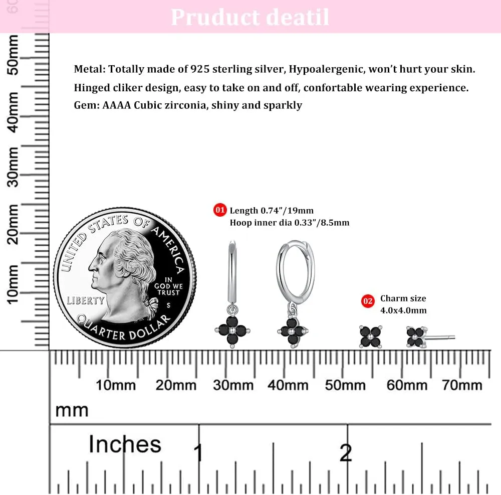 Dainty Flower Shaped CZ Dangle Hoop and Stud Earrings Sets for Women, Drop Huggie Earrings with Cubic Zirconia Charm in Sterling Silver Gifts for Her