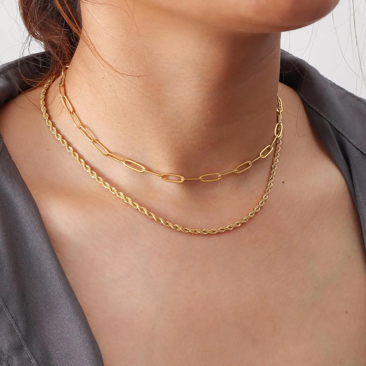 Dainty Ladies 18K Gold Plated Layered Herringbone Necklaces for Women Minimalist Stainless Steel Snake Chain Choker Necklace Waterproof Jewelry Gifts