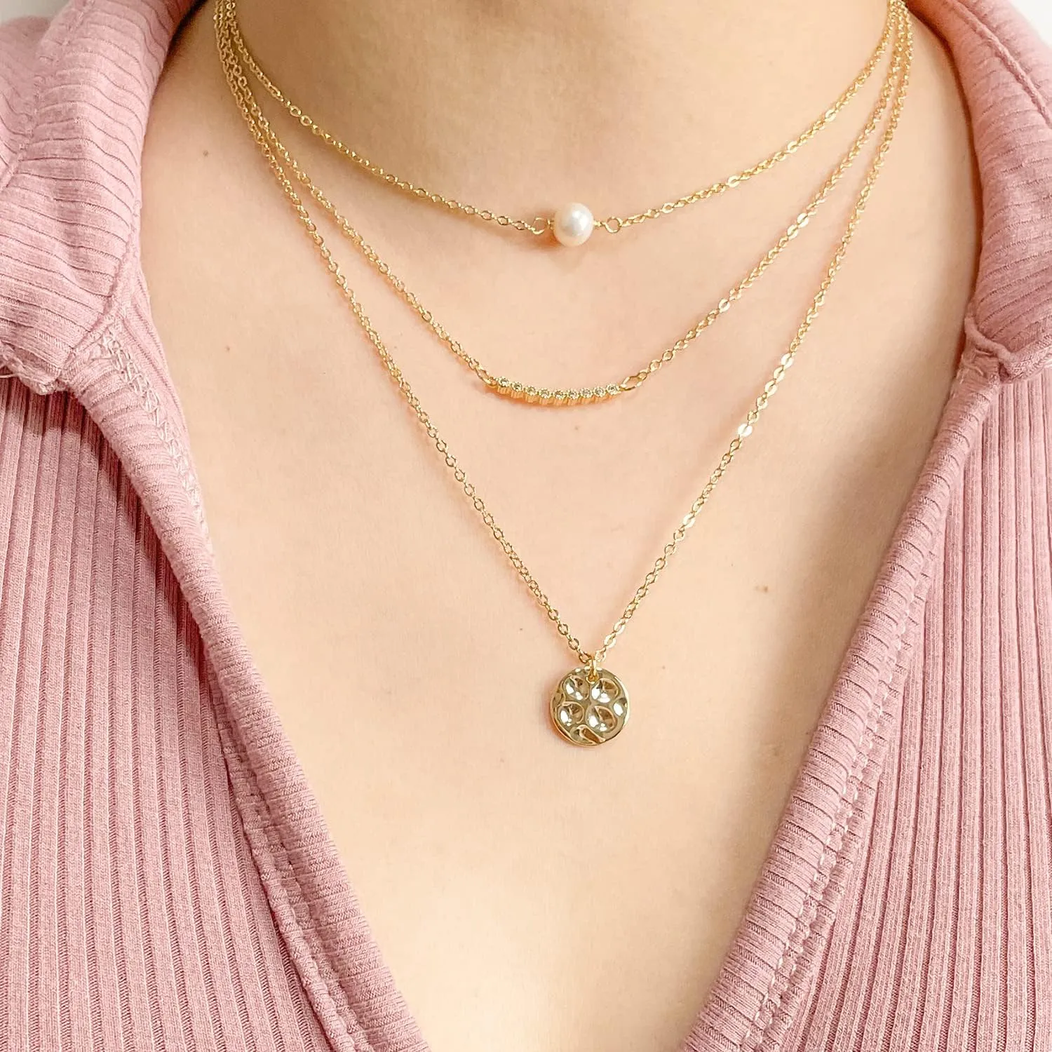 Dainty Layered Choker Necklace,18K Gold Plated Handmade Layering Pearl Bar Disc Pendant Necklaces for Women,Adjustable Chain Necklace Jewelry