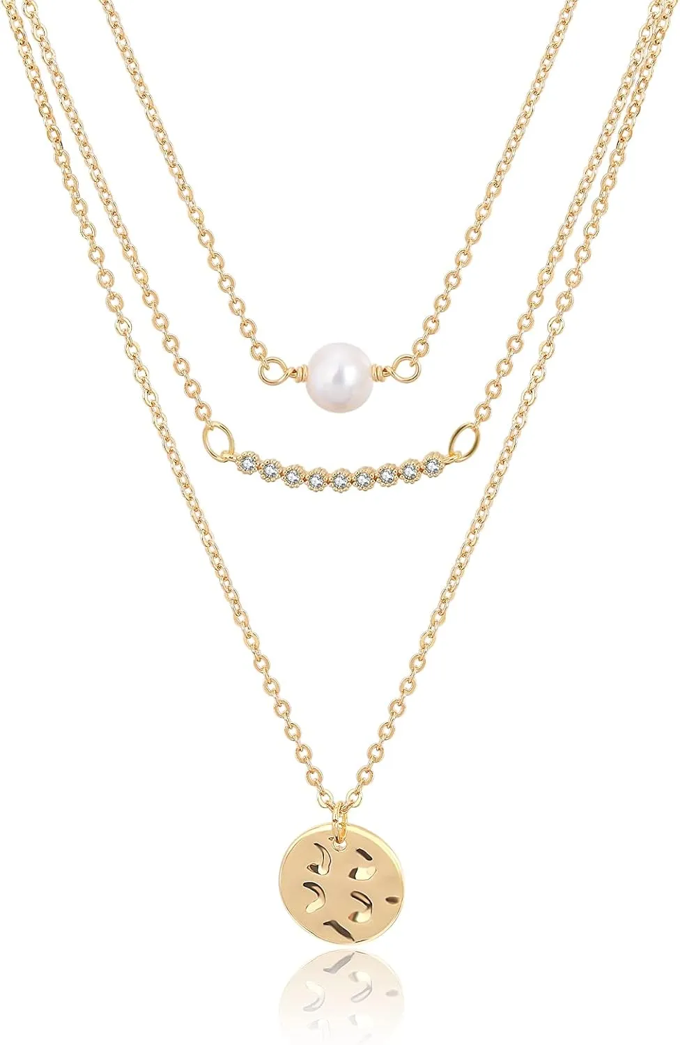 Dainty Layered Choker Necklace,18K Gold Plated Handmade Layering Pearl Bar Disc Pendant Necklaces for Women,Adjustable Chain Necklace Jewelry
