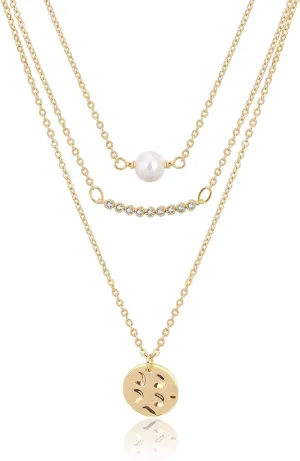 Dainty Layered Choker Necklace,18K Gold Plated Handmade Layering Pearl Bar Disc Pendant Necklaces for Women,Adjustable Chain Necklace Jewelry