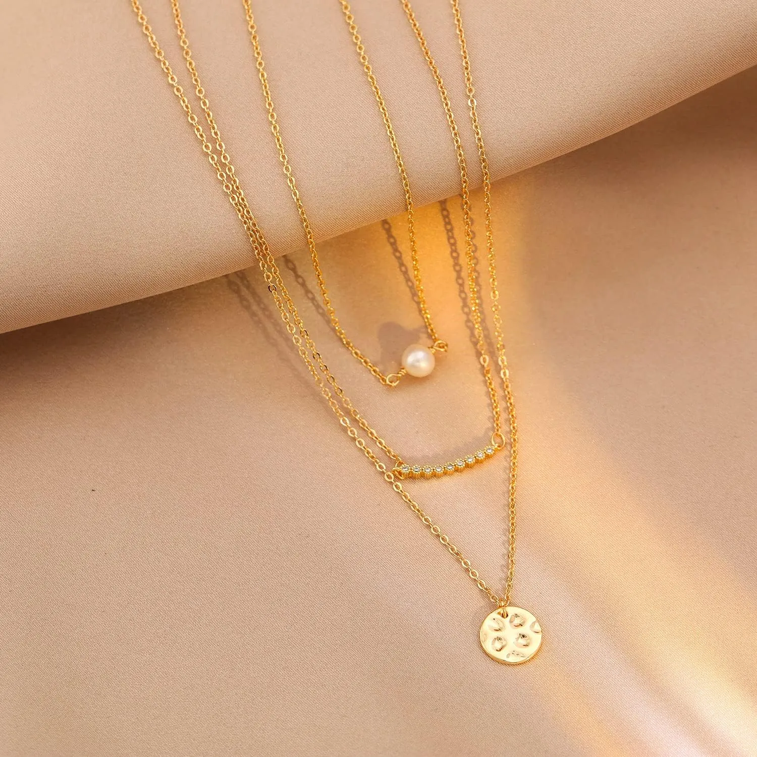 Dainty Layered Choker Necklace,18K Gold Plated Handmade Layering Pearl Bar Disc Pendant Necklaces for Women,Adjustable Chain Necklace Jewelry