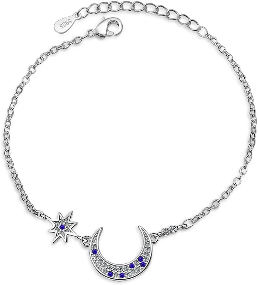 Dainty Star Moon Bracelets 925 Sterling Silver Crystal Cubic Zirconia Crescent Moon Chain Adjustable Necklace Bracelet Fashion Jewelry Gifts for Women