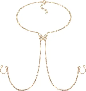 D.Bella Fake Piercing with Chain Fake Rings for Women - Non Piercing Ring with Butterfly Necklaces