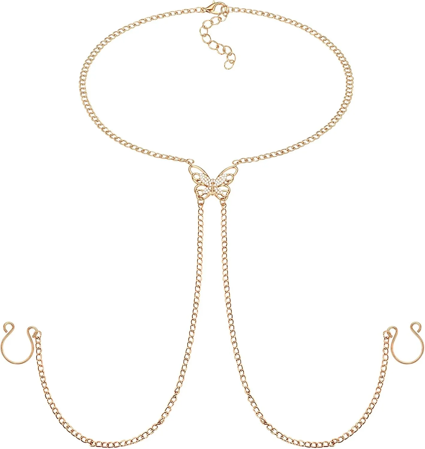 D.Bella Fake Piercing with Chain Fake Rings for Women - Non Piercing Ring with Butterfly Necklaces