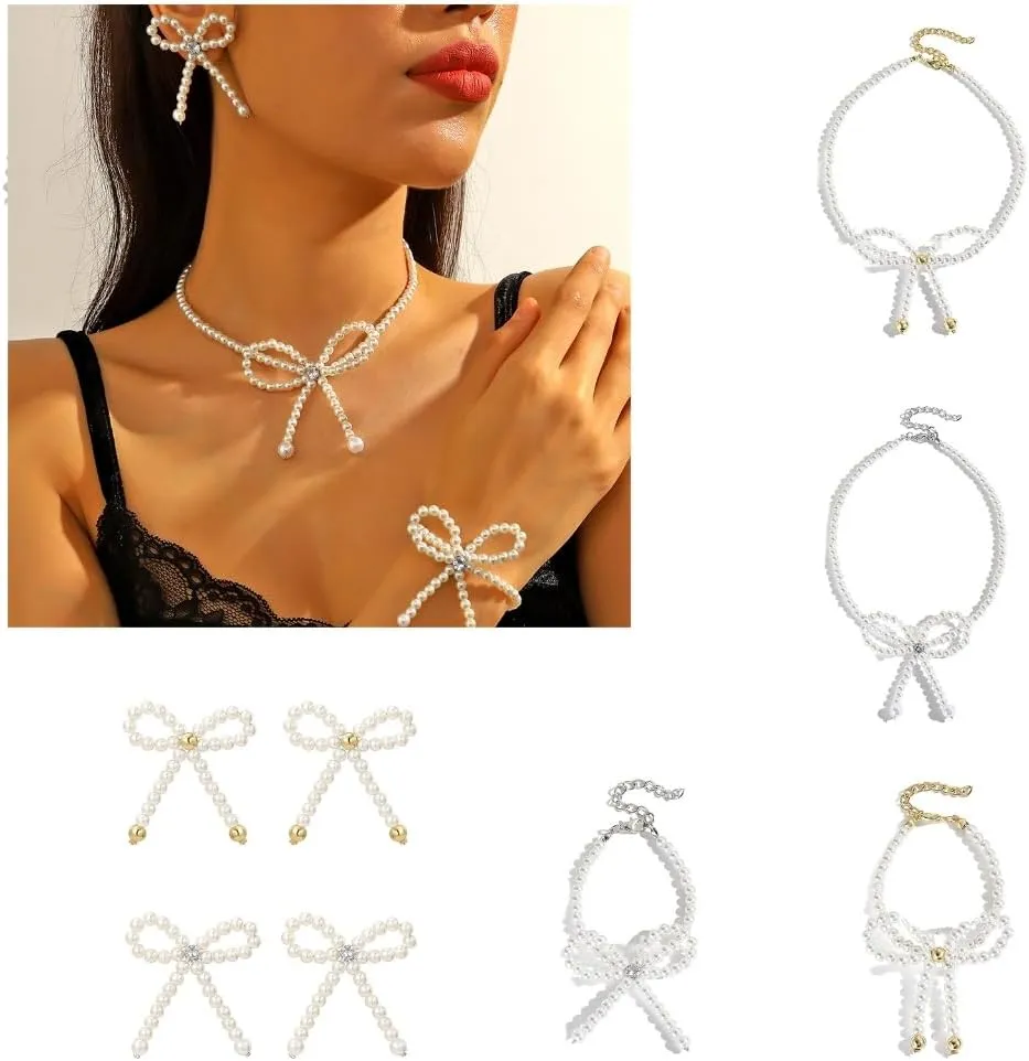 Delicate Bow Bracelet/Earrings/Necklace Imitation Pearls Beaded Accessory Bowknot Pendant Jewelry for Casual Outfits