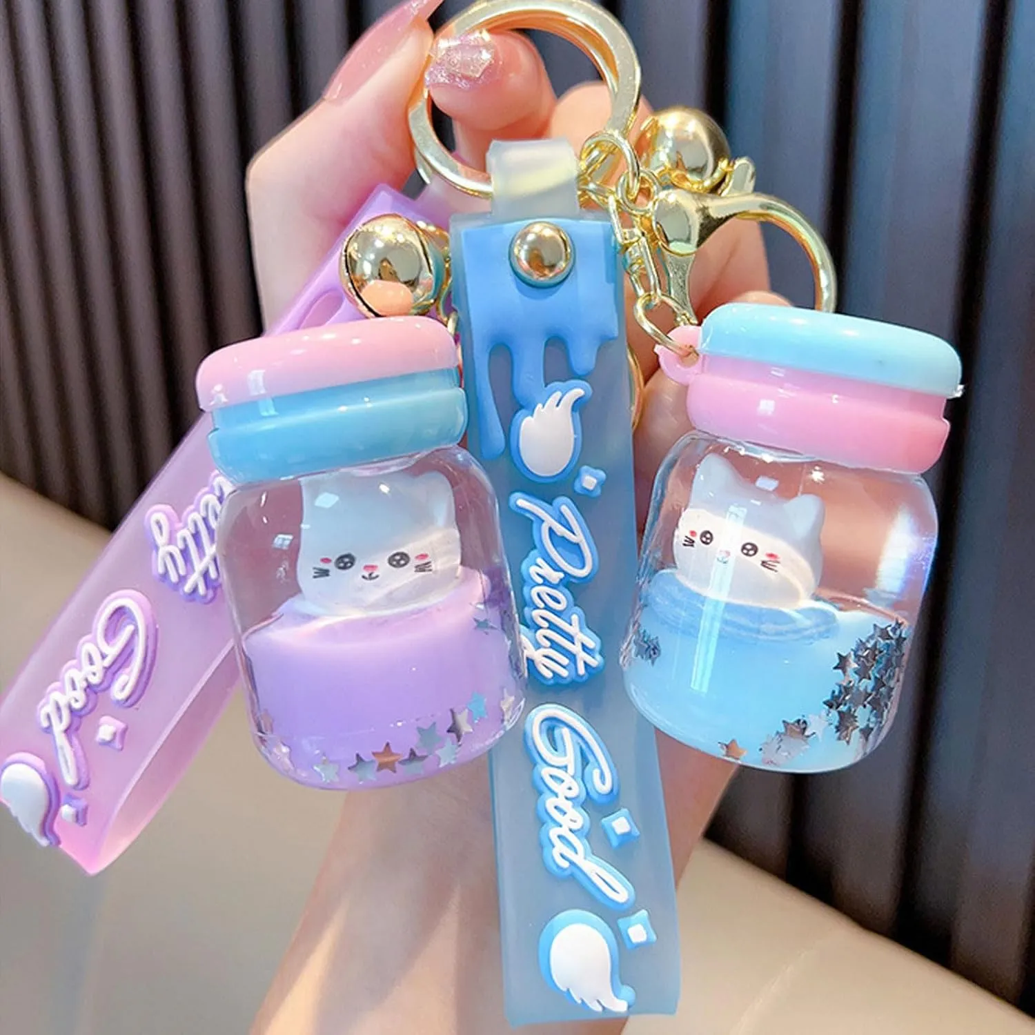 Delicate Cute Milk Tea Cup Key Ring Decoration, Liquid Quicksand Floating Cat Handbag Accessories