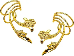 Delicate Leaf and Flower Gold on Silver Short Wave Ear Cuff Earring Wraps