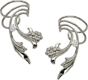 Delicate Leaf Flower and CZ Wave Ear Cuff Earring Wraps Pair Rhodium on Silver Short