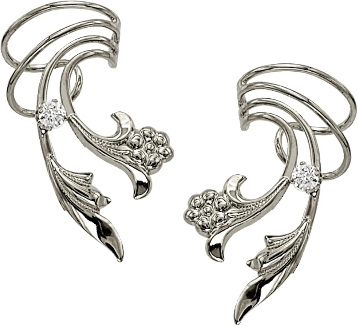 Delicate Leaf Flower and CZ Wave Ear Cuff Earring Wraps Pair Rhodium on Silver Short
