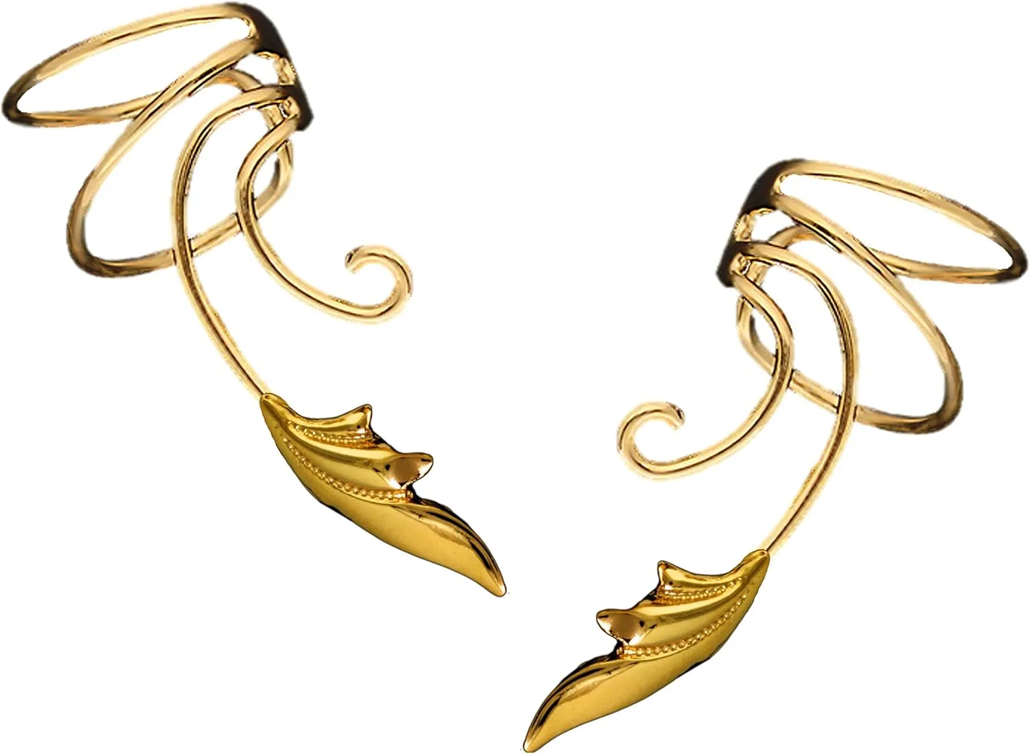 Delicate Leaf Wave Ear Cuff Non-pierced 'Stackable' Cartilage Wrap Earring Clips Pair Gold on Silver