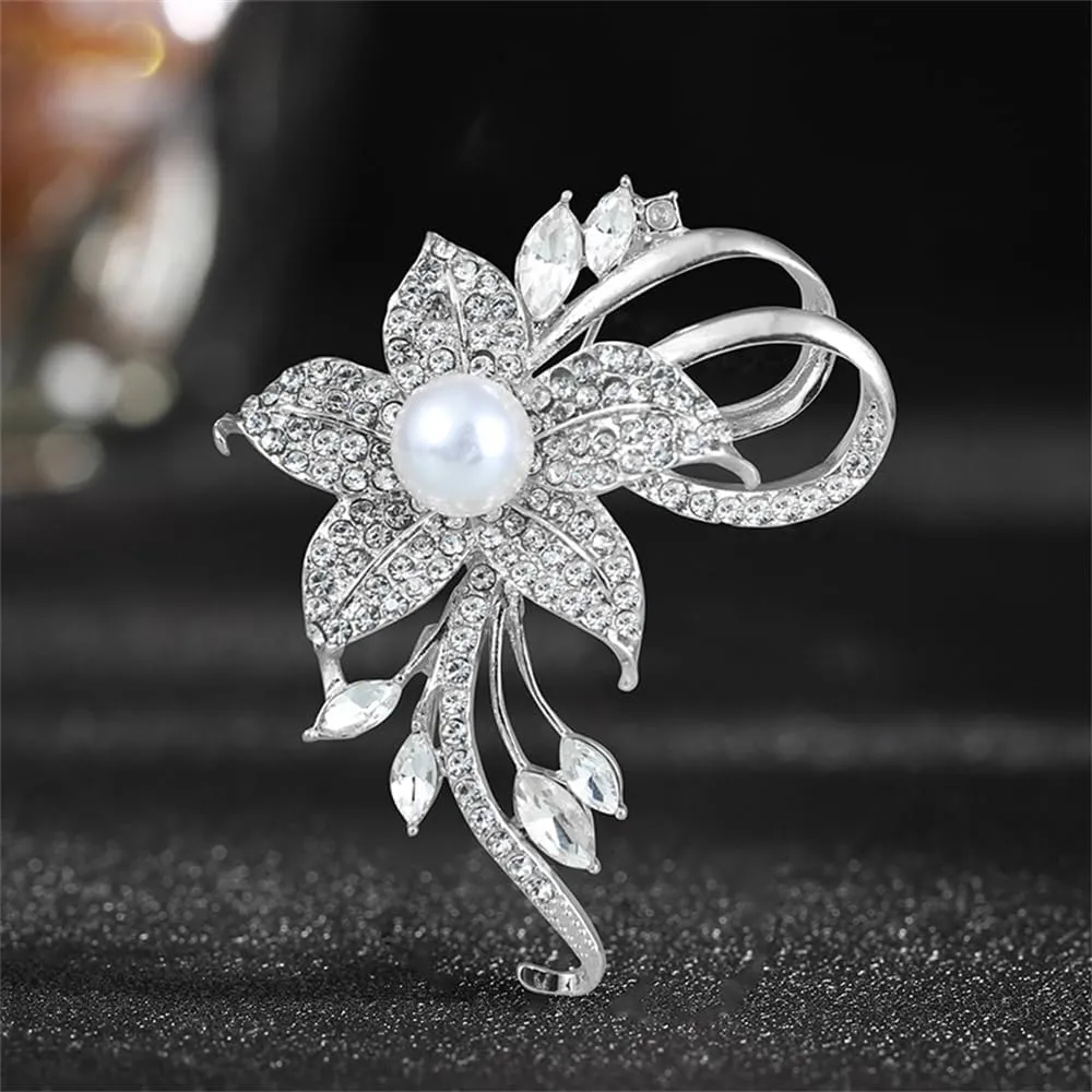 Delicate Pearl Rhinestone Crystal Flower Brooch Pin for Women Dress Hat Decoration Bride Engagement Wedding Jewelry