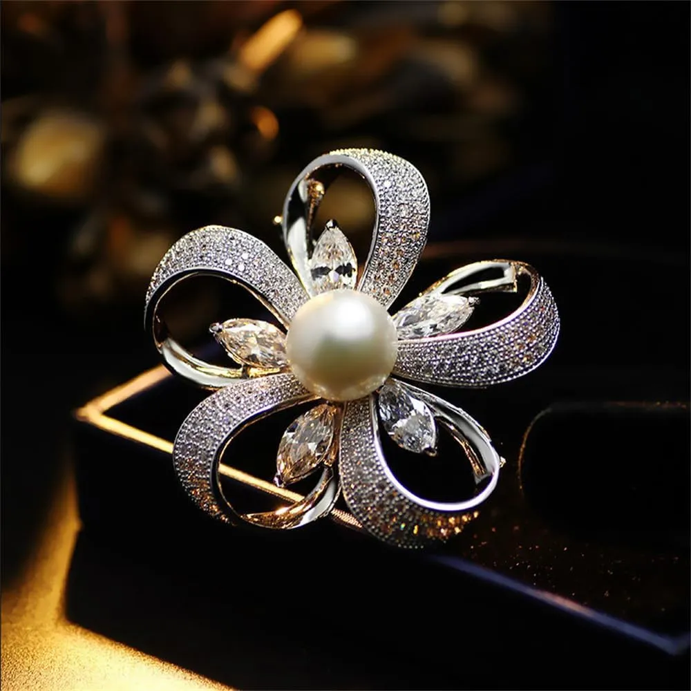 Delicate Pearl Rhinestone Crystal Flower Brooch Pin for Women Dress Hat Decoration Bride Engagement Wedding Jewelry