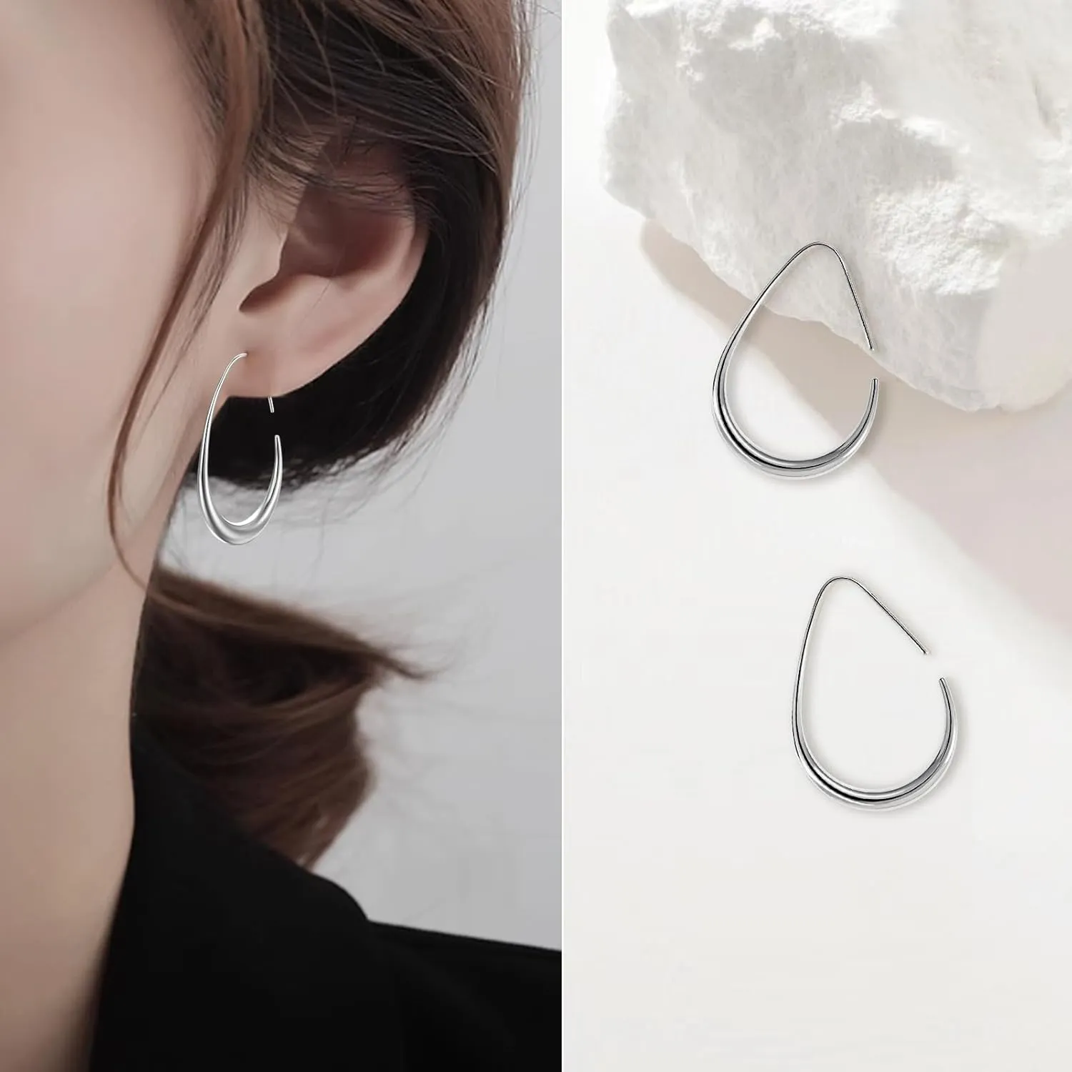 Delicate Teardrop Hoop Earrings for Women - 18k Gold Plated Large Oval Pull-Through Hoops, High Polished Statement Jewelry Gift