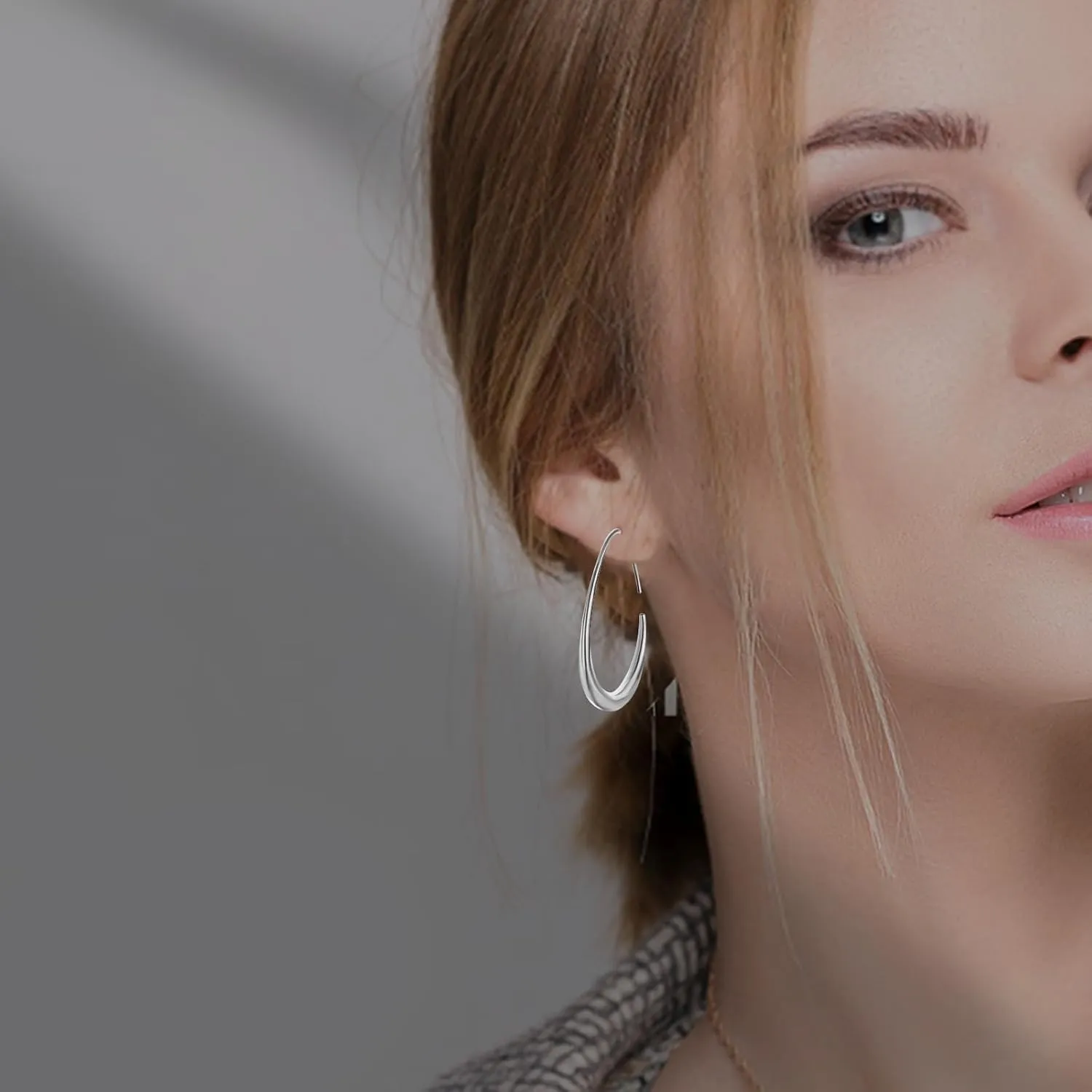 Delicate Teardrop Hoop Earrings for Women - 18k Gold Plated Large Oval Pull-Through Hoops, High Polished Statement Jewelry Gift