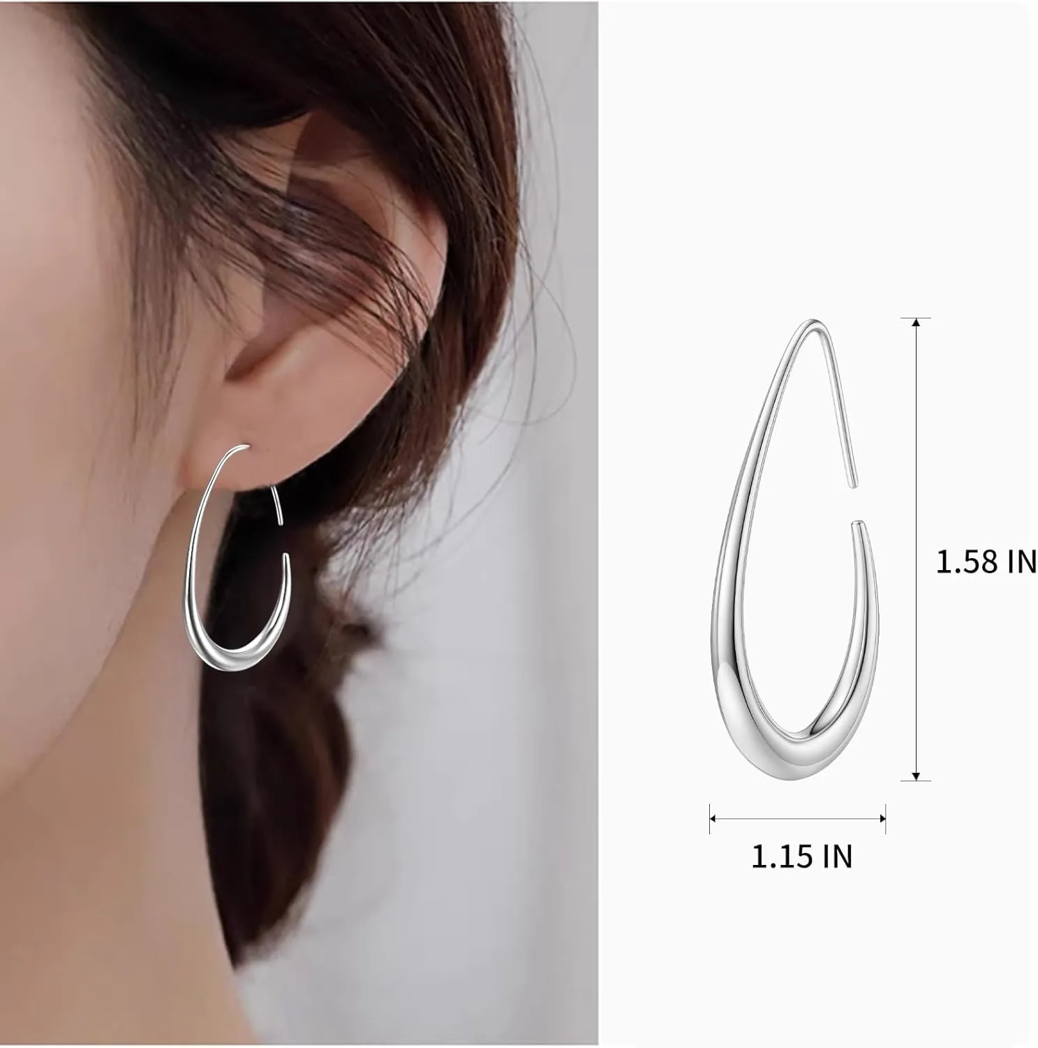 Delicate Teardrop Hoop Earrings for Women - 18k Gold Plated Large Oval Pull-Through Hoops, High Polished Statement Jewelry Gift