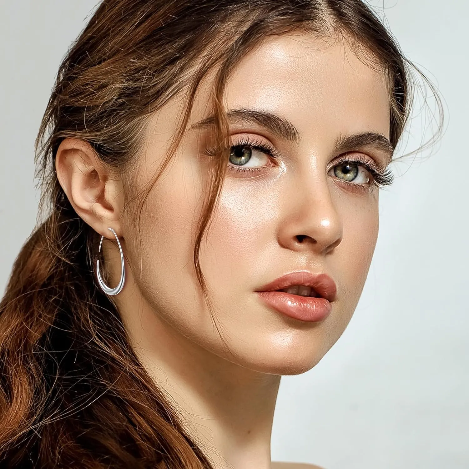 Delicate Teardrop Hoop Earrings for Women - 18k Gold Plated Large Oval Pull-Through Hoops, High Polished Statement Jewelry Gift