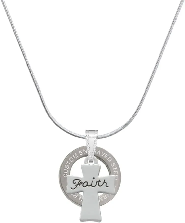 Delight Jewelry Silvertone Faith Flat Cross Silver-tone Custom Engraved Ring Necklace, 18"