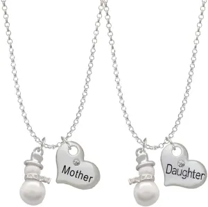 Delight Jewelry Silvertone Imitation Pearl Snowman Mother & Daughter Heart Necklaces (Set of 2), 19" 2"