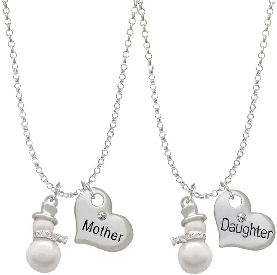 Delight Jewelry Silvertone Imitation Pearl Snowman Mother & Daughter Heart Necklaces (Set of 2), 19" 2"