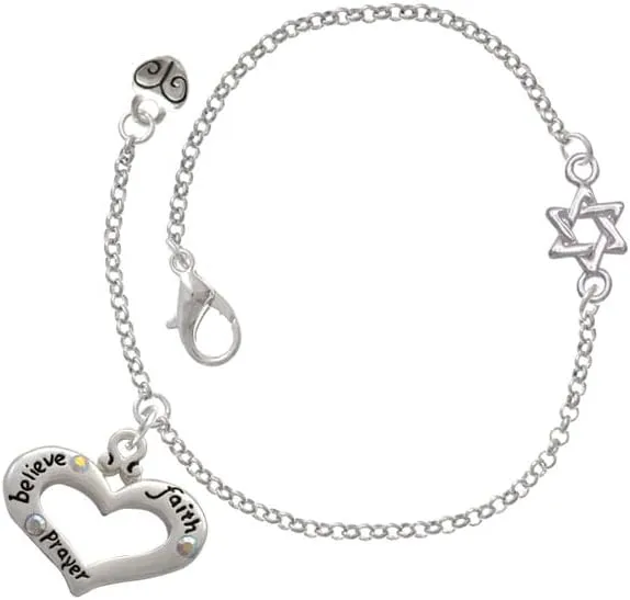 Delight Jewelry Silvertone Message Heart with 3 AB Crystals - Silvertone Star of David Delicate Bracelet, 6.25 1.75" Extender