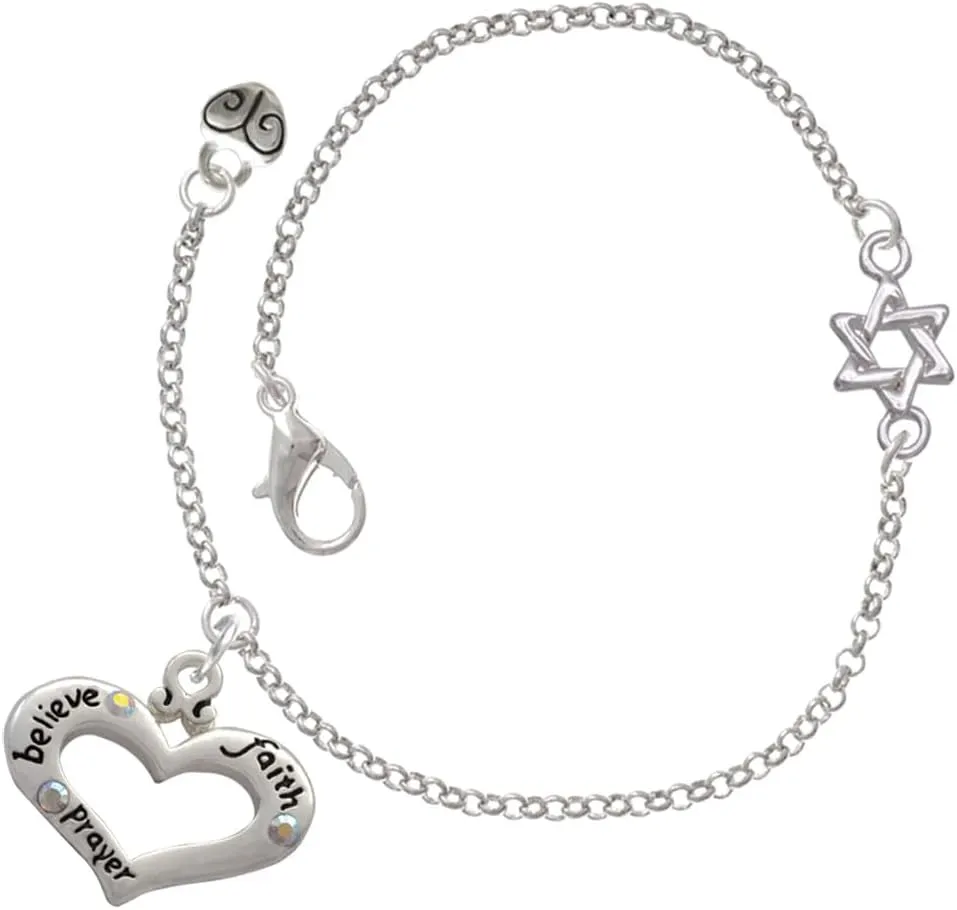 Delight Jewelry Silvertone Message Heart with 3 AB Crystals - Silvertone Star of David Delicate Bracelet, 6.25 1.75" Extender