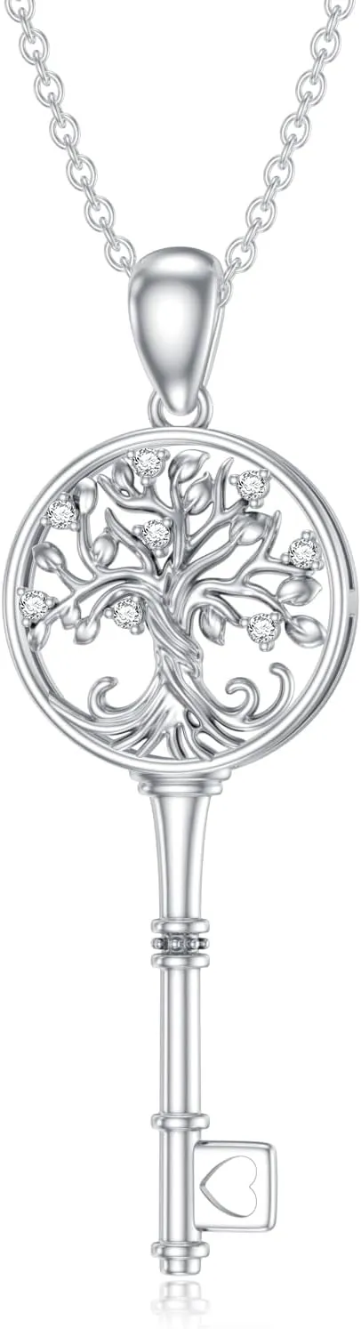 Diamond Key Necklace 925 Sterling Silver Tree of Life Pendant Necklaces Key Tree of Life Jewelry Gifts for Women Mom Wife
