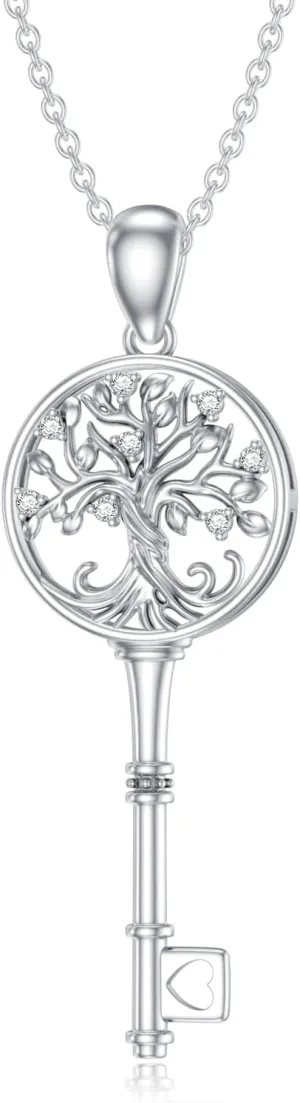 Diamond Key Necklace 925 Sterling Silver Tree of Life Pendant Necklaces Key Tree of Life Jewelry Gifts for Women Mom Wife