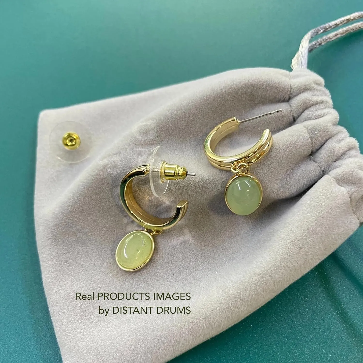 DISTANT DRUMS Simple Natural Green Aventurine Stone Jewelry Set for Women,Hoop Earrings,Bracelet,Necklace,18K Gold-plated Spiritual Gift,Fortunate Stone Jewelry,Choker