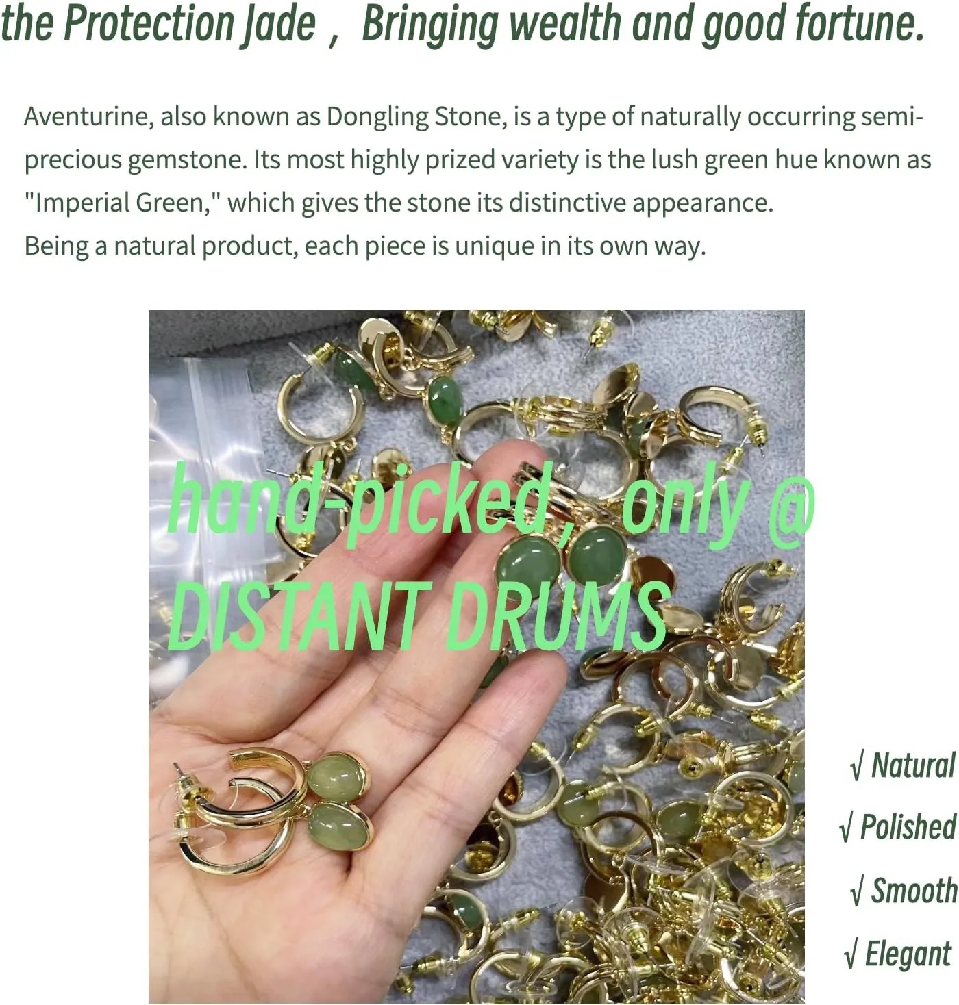 DISTANT DRUMS Simple Natural Green Aventurine Stone Jewelry Set for Women,Hoop Earrings,Bracelet,Necklace,18K Gold-plated Spiritual Gift,Fortunate Stone Jewelry,Choker