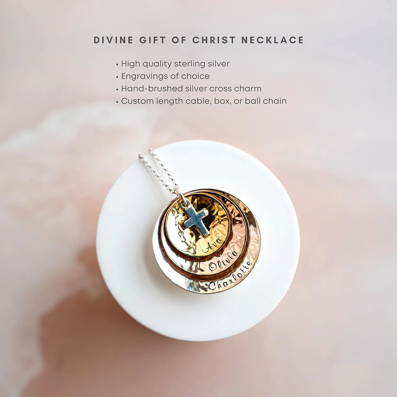 Divine Gift Personalized Necklace with Customizable Sterling Silver, 14k Gold, and Rose Gold Plated Charms. Includes Sterling Silver Cross Charm. Choice of Sterling Silver Chain. Gifts for Her