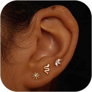 Dochais 14K Gold Plated Flat Back Earrings Studs - 925 Sterling Silver Hypoallergenic Cartilage Helix Tragus Small Screw Back for Multiple Piercing