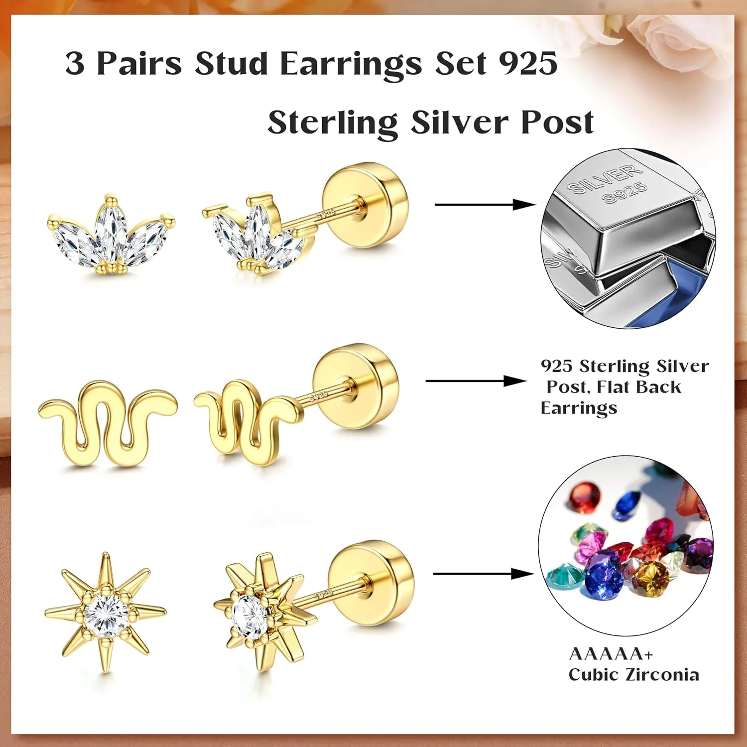 Dochais 14K Gold Plated Flat Back Earrings Studs - 925 Sterling Silver Hypoallergenic Cartilage Helix Tragus Small Screw Back for Multiple Piercing