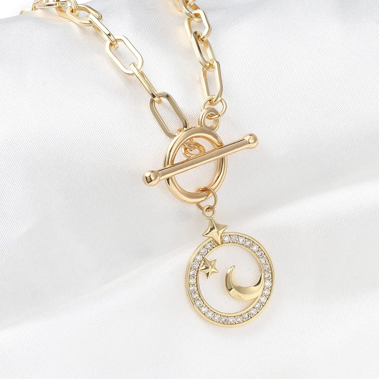 DoreenBeads 18K Gold Sun Moon Star Compass Pendant Necklace Chunky Toggle Paperclip Chain Necklace with Heart Daisy Bee Charms for Women Girls 20 Inches