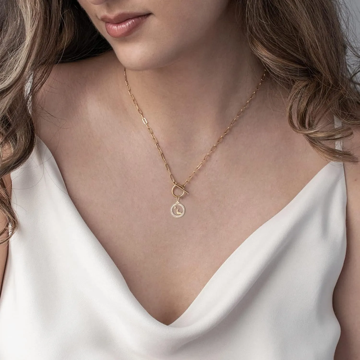 DoreenBeads 18K Gold Sun Moon Star Compass Pendant Necklace Chunky Toggle Paperclip Chain Necklace with Heart Daisy Bee Charms for Women Girls 20 Inches