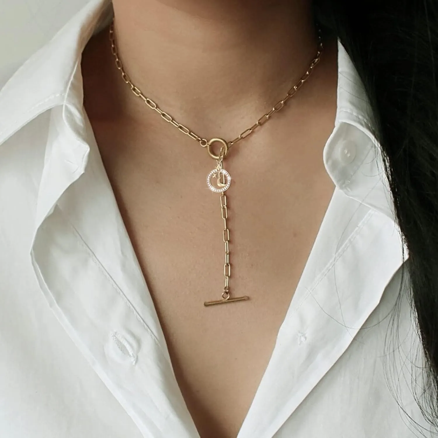 DoreenBeads 18K Gold Sun Moon Star Compass Pendant Necklace Chunky Toggle Paperclip Chain Necklace with Heart Daisy Bee Charms for Women Girls 20 Inches