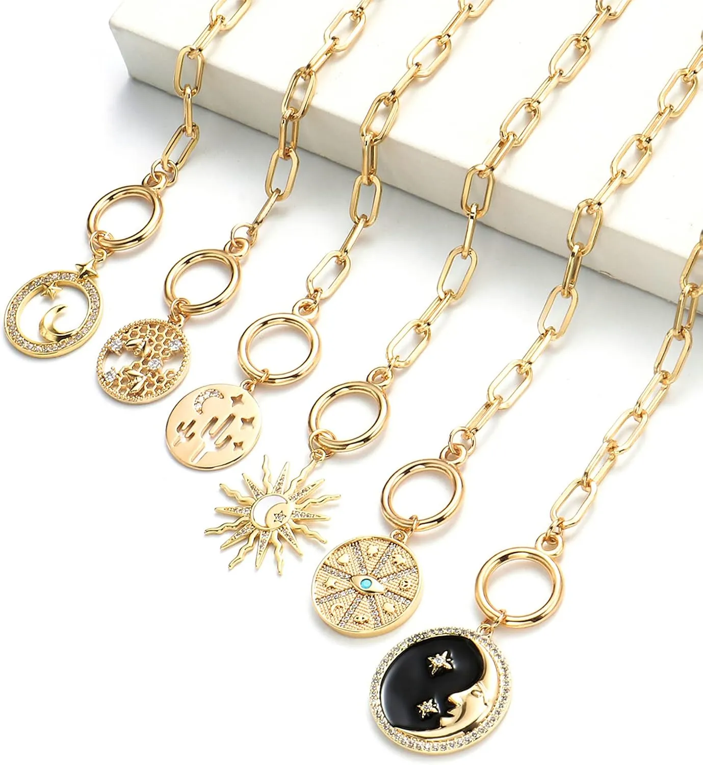 DoreenBeads 18K Gold Sun Moon Star Compass Pendant Necklace Chunky Toggle Paperclip Chain Necklace with Heart Daisy Bee Charms for Women Girls 20 Inches