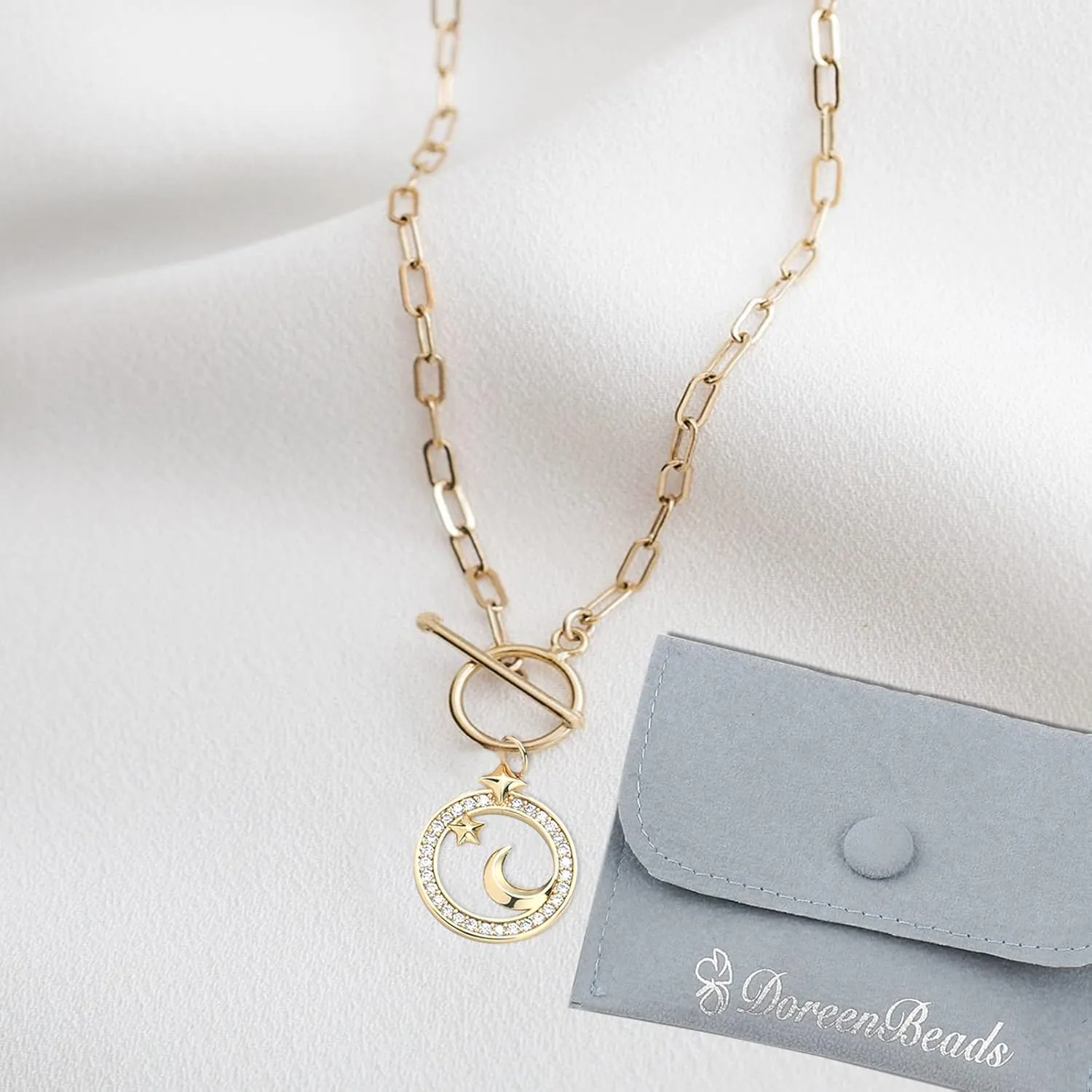 DoreenBeads 18K Gold Sun Moon Star Compass Pendant Necklace Chunky Toggle Paperclip Chain Necklace with Heart Daisy Bee Charms for Women Girls 20 Inches