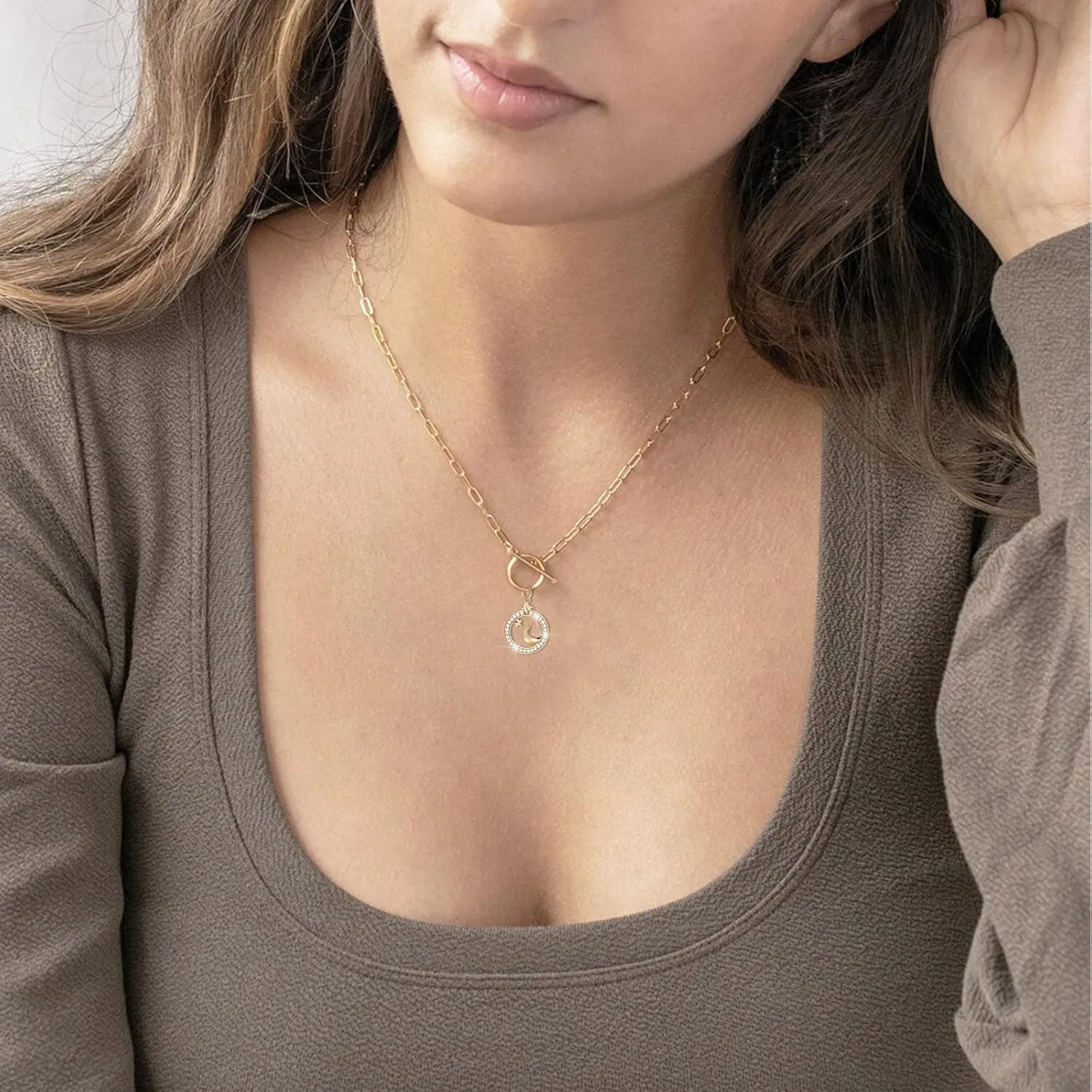 DoreenBeads 18K Gold Sun Moon Star Compass Pendant Necklace Chunky Toggle Paperclip Chain Necklace with Heart Daisy Bee Charms for Women Girls 20 Inches