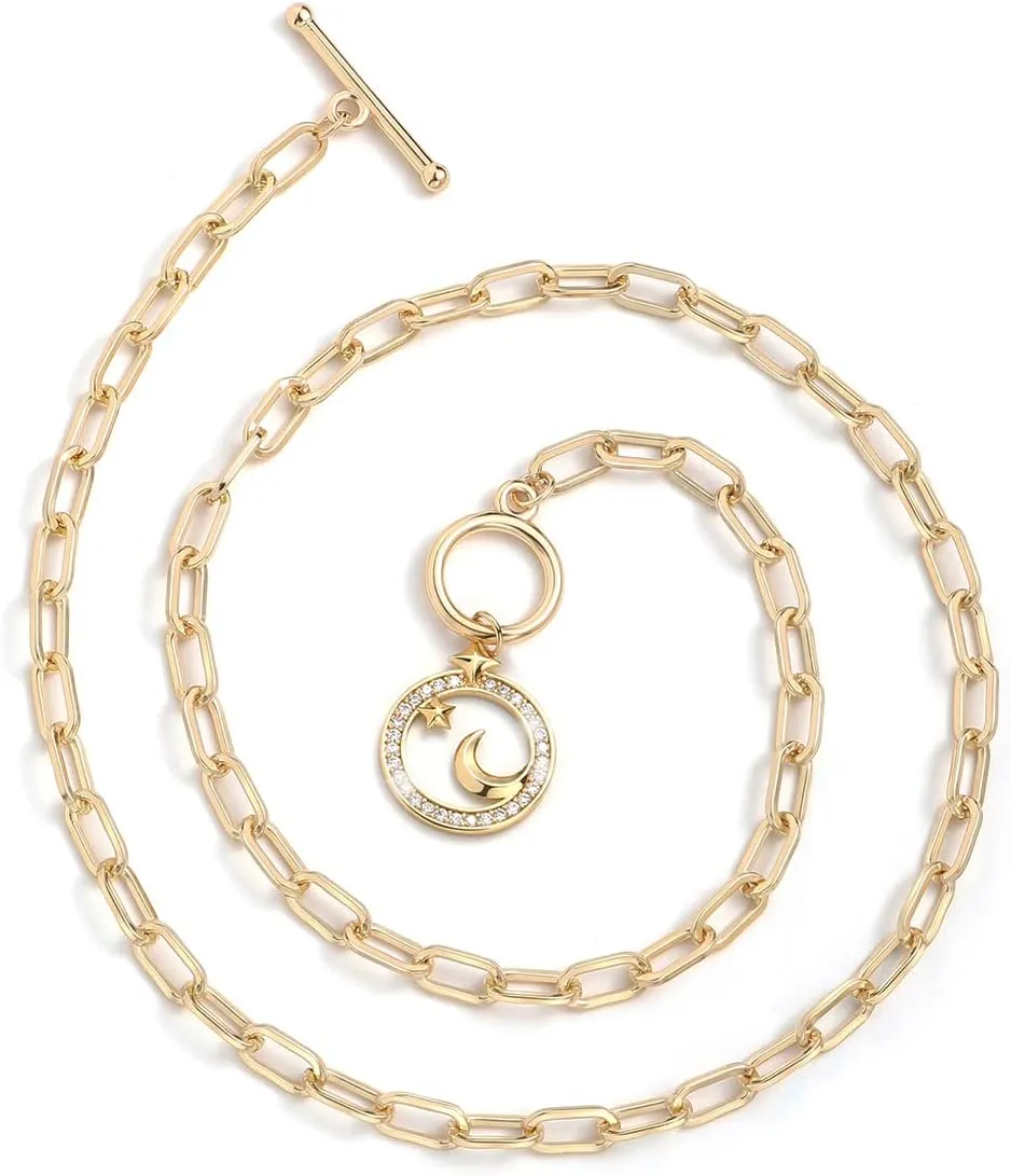 DoreenBeads 18K Gold Sun Moon Star Compass Pendant Necklace Chunky Toggle Paperclip Chain Necklace with Heart Daisy Bee Charms for Women Girls 20 Inches
