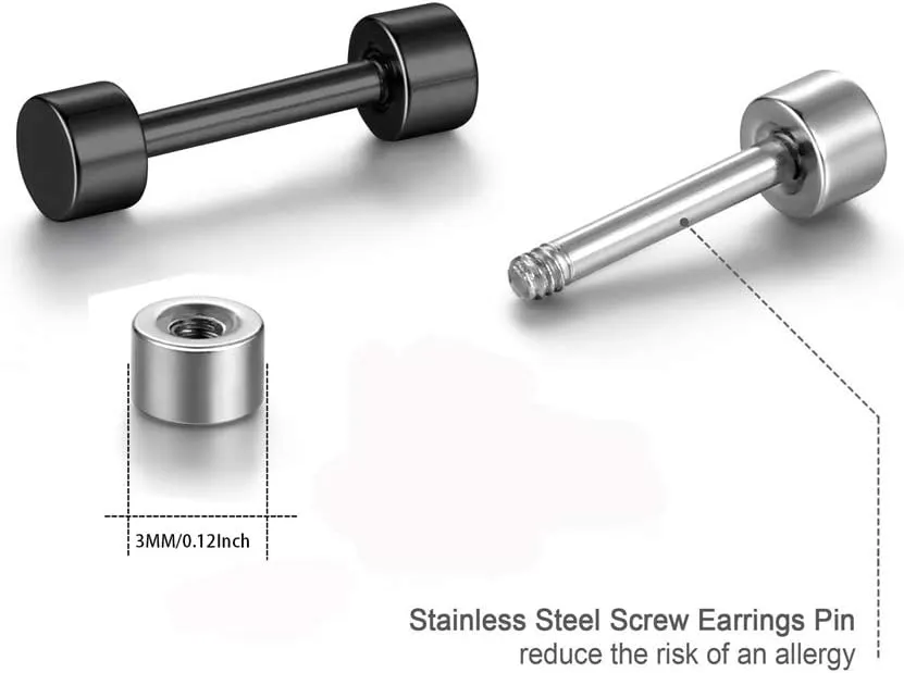 Dot Earrings, High Polished Surgical Steel Screw Flat Back Disc Stud Earrings for Women Men Pack of 5 Pairs(3MM/4MM/5MM/6MM/8MM Option)