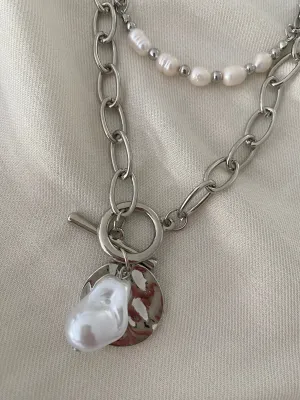 Double Chain Pearl Necklace - Silver