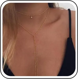Double Layered Choker Long Tassel Chain Necklace Gold Wrap Chain Necklace Thin Tassel Y Necklace Chain Long Necklaces for Women