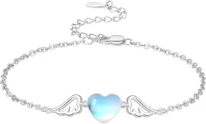 Dreamboat Moonstone Heart Bracelet for Women 925 Sterling Silver Angel Wings Heart Charm Bracelets Wedding Birthday Jewelry Gifts