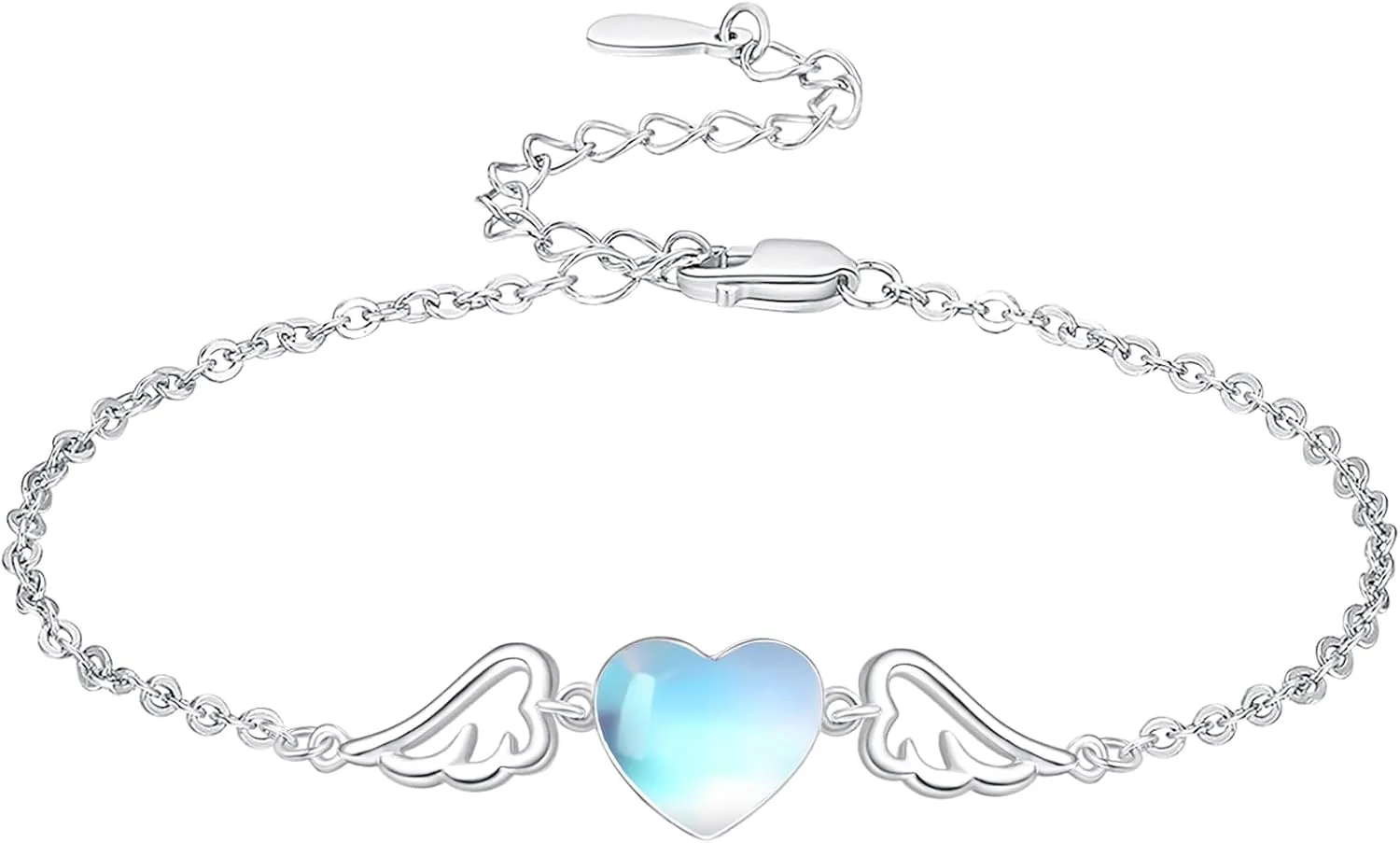 Dreamboat Moonstone Heart Bracelet for Women 925 Sterling Silver Angel Wings Heart Charm Bracelets Wedding Birthday Jewelry Gifts