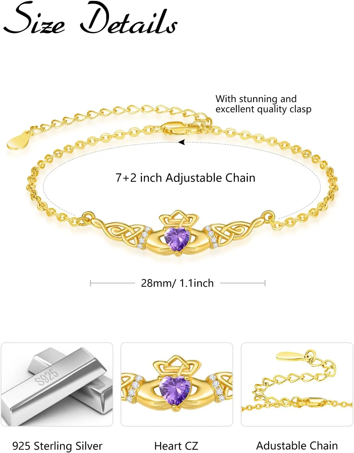 Dreamboat Sterling Silver Claddagh Bracelet for Women Irish Bracelet Heart Celtic Knot Bracelets Birthstone Adjustable ST Patricks Day Jewelry for Mom