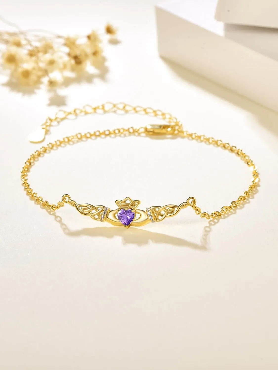 Dreamboat Sterling Silver Claddagh Bracelet for Women Irish Bracelet Heart Celtic Knot Bracelets Birthstone Adjustable ST Patricks Day Jewelry for Mom